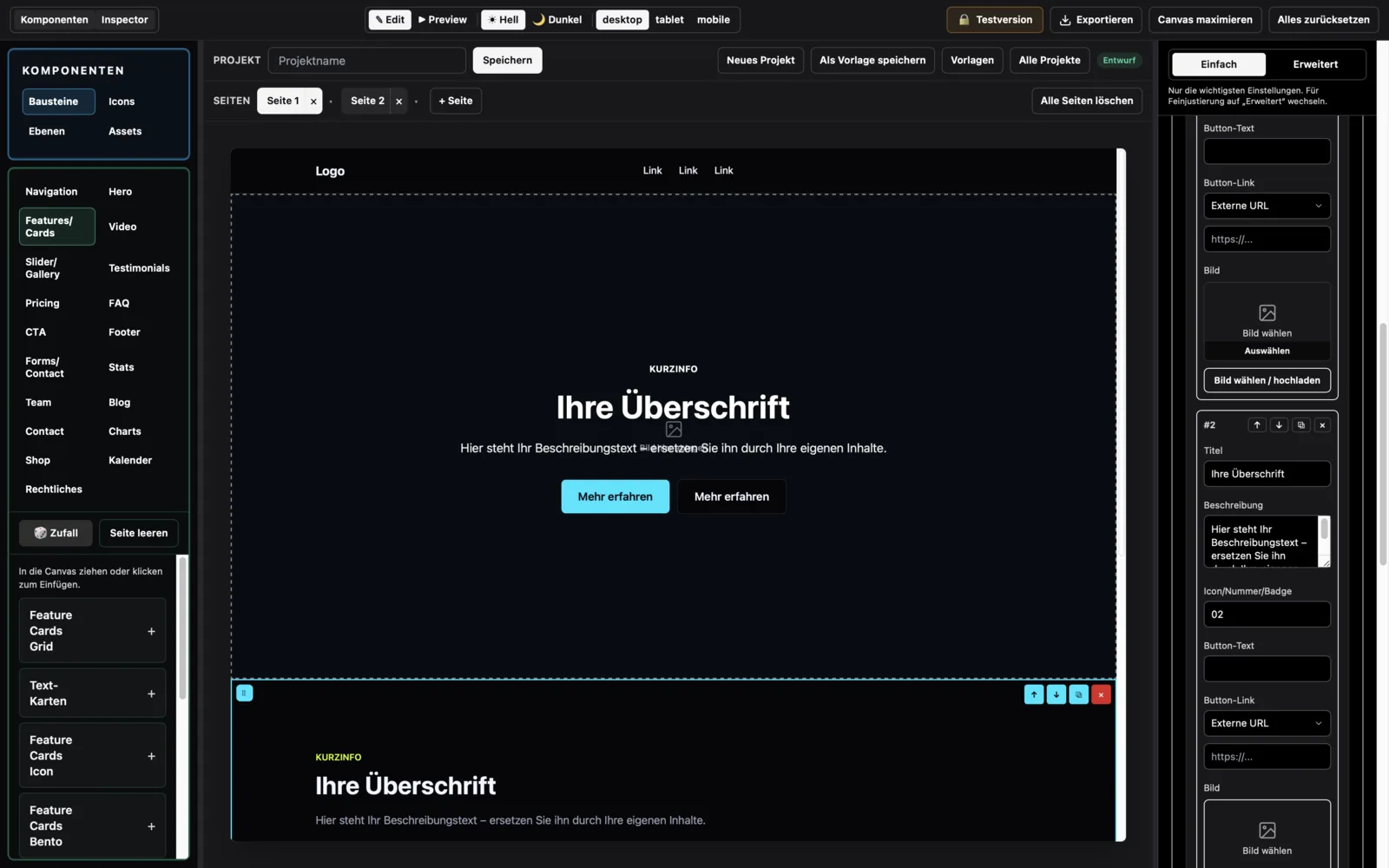 Hero-Baustein mit Bild-Auswahl im Inspector