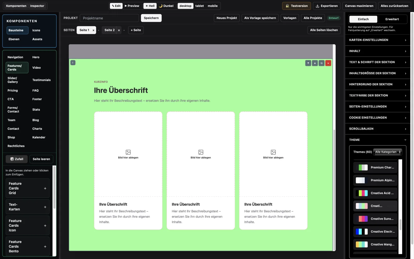 Feature-Cards-Baustein mit Themes-Auswahl im Inspector