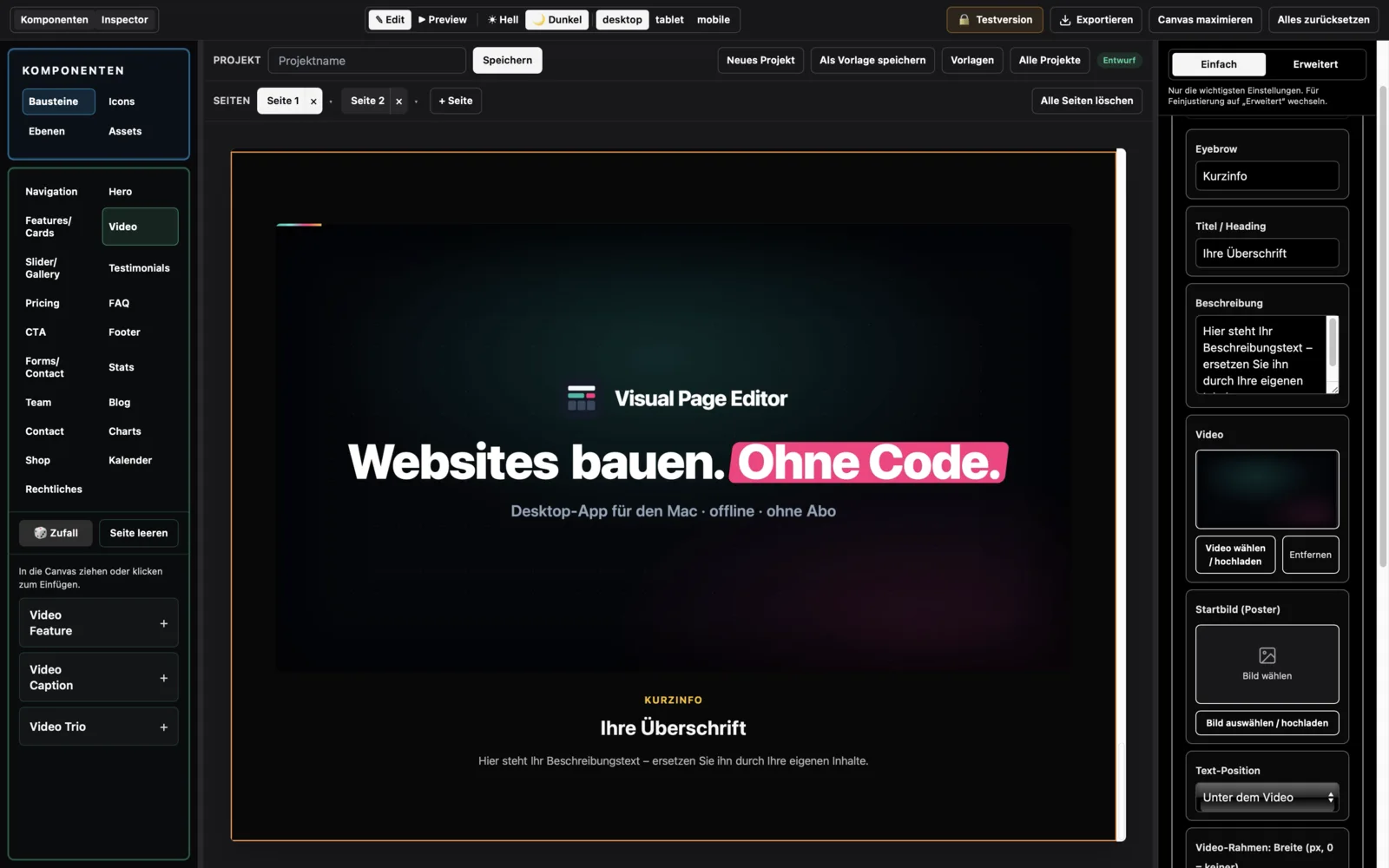 Video-Hero-Baustein mit Headline